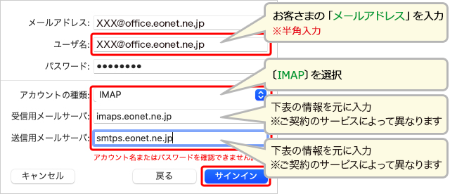 各項目を入力して、〔サインイン〕を押します。