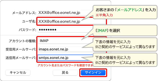 各項目を入力して、〔サインイン〕を押します。